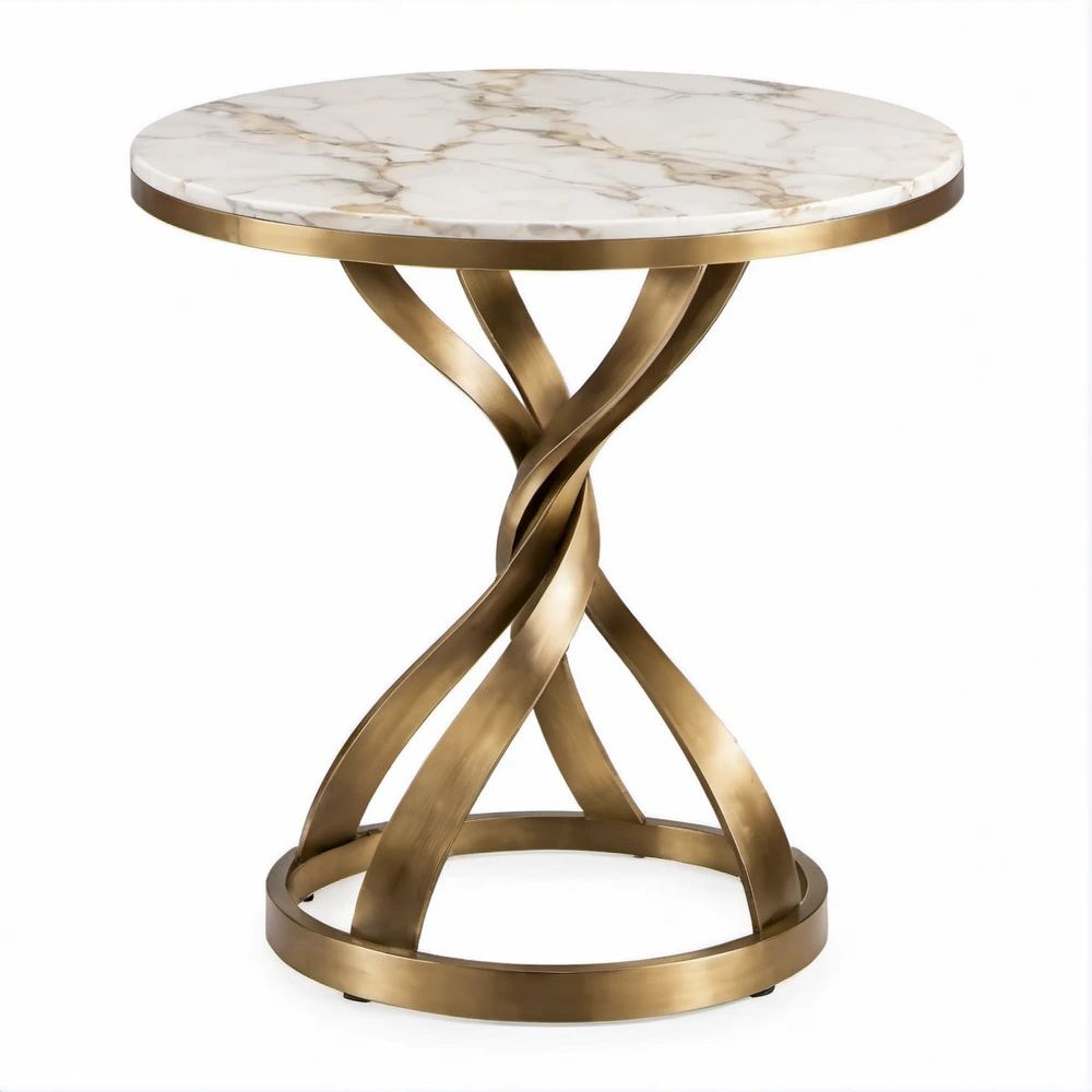 Runder Beistelltisch 60 x 60 cm in Weiß, Grau-Beige und Gold mit Marmoroptik