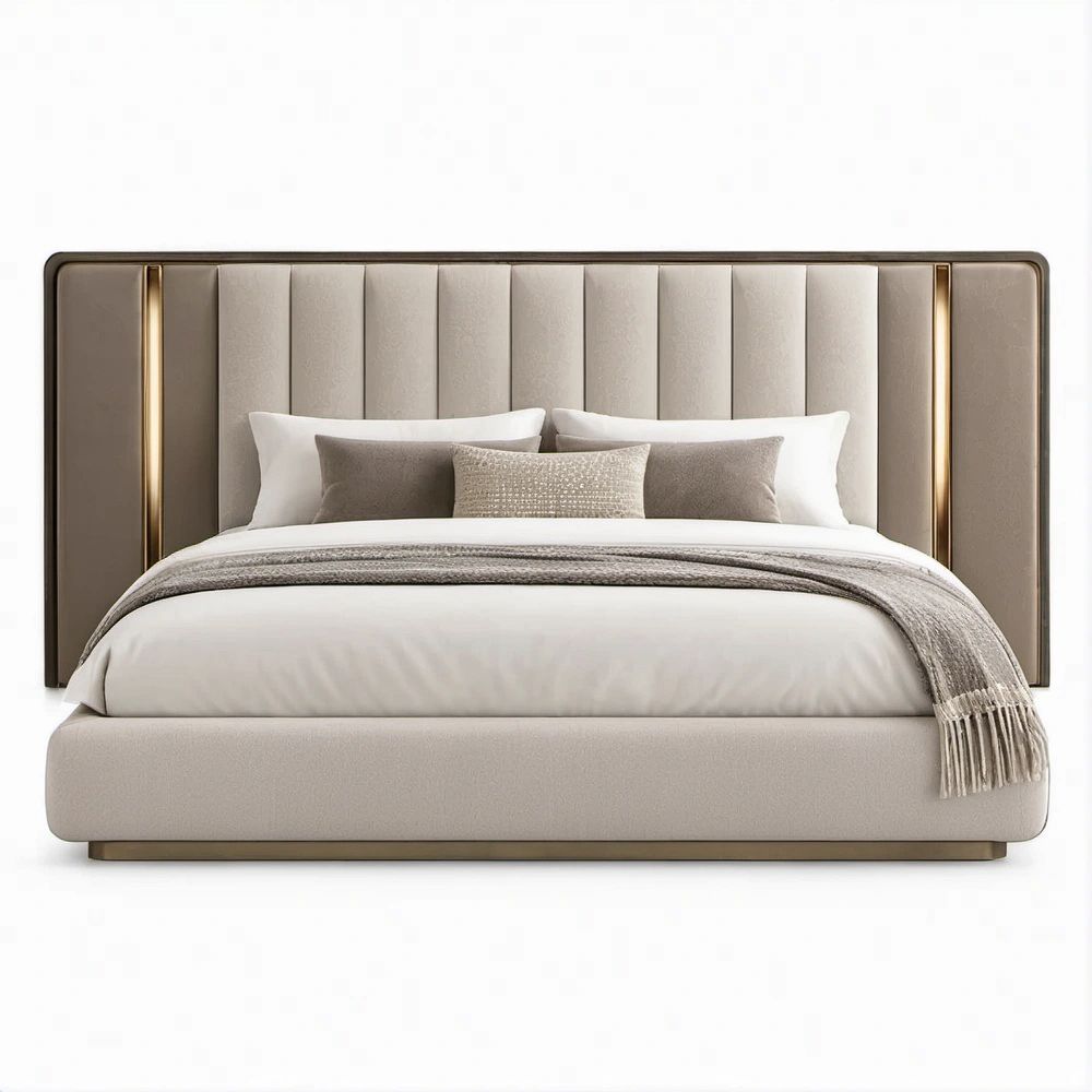 Gepolstertes Doppelbett in Taupe/Gold mit Samtbezug, Liegefläche 180 x 200 cm