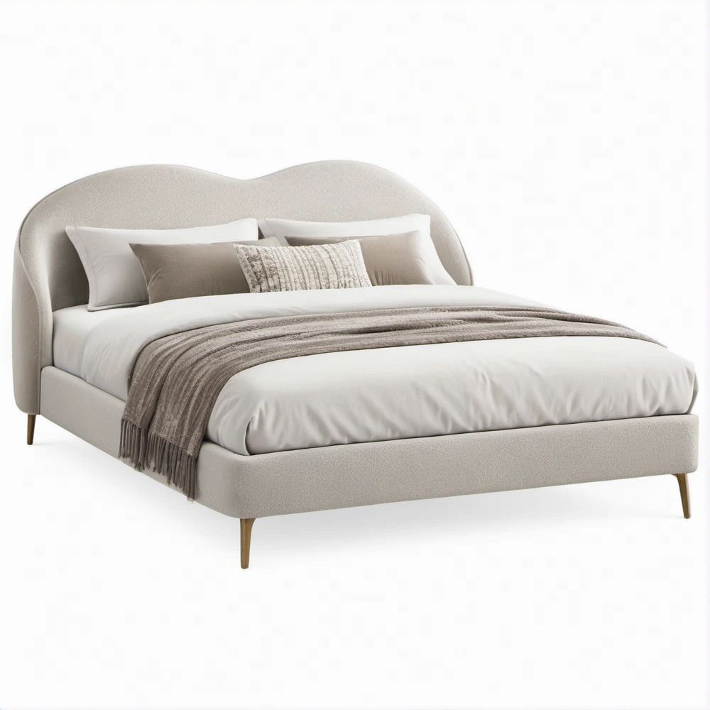 Gepolstertes Doppelbett 160 x 200 cm mit geschwungenem Kopfteil in Beige