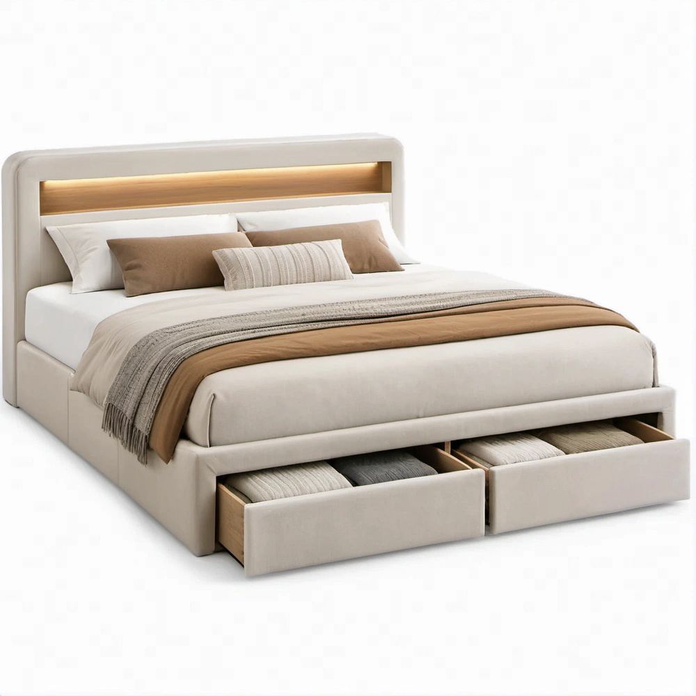 Beiges Polsterbett 180 x 200 cm mit LED-Kopfteil und 2 Schubladen