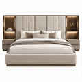 Doppelbett 180 x 200 cm mit gepolsterter Kopfteilwand, Nachttischen und LED-Regalen in Beige, Greige und Walnussbraun