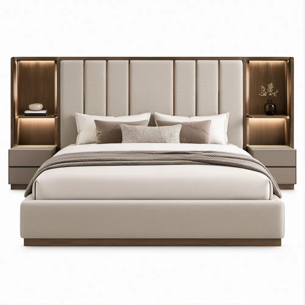 Doppelbett 180 x 200 cm mit gepolsterter Kopfteilwand, Nachttischen und LED-Regalen in Beige, Greige und Walnussbraun