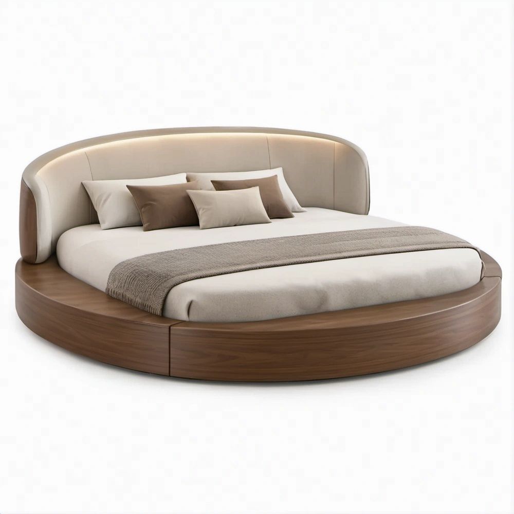 Rundes Doppelbett 240 x 230 x 105 cm mit gepolstertem Kopfteil, Beige/Walnussbraun, Liegefläche 200 x 200 cm