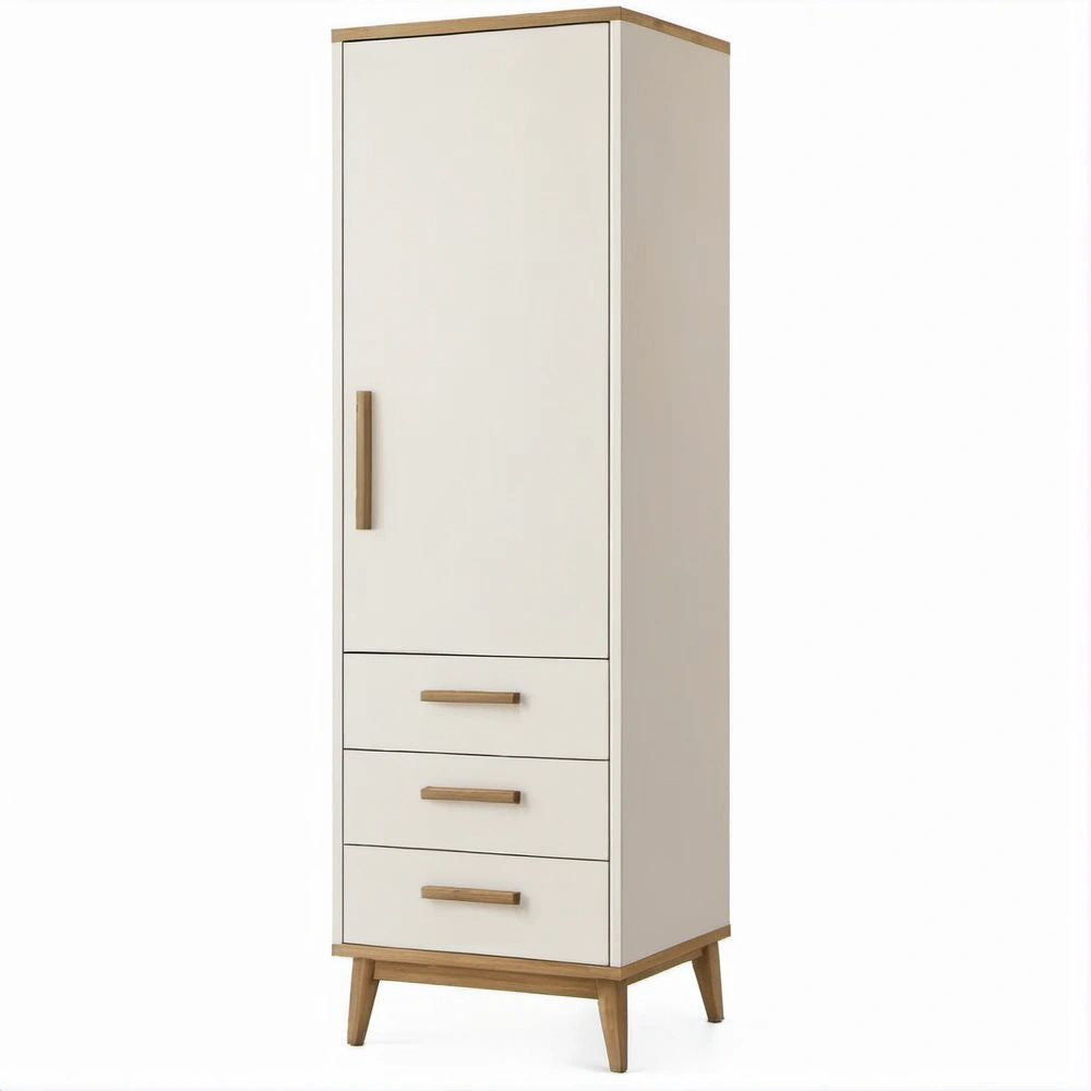 Hochschrank Weiß/Eiche, 50 x 40 x 180 cm, mit 1 Tür und 3 Schubladen