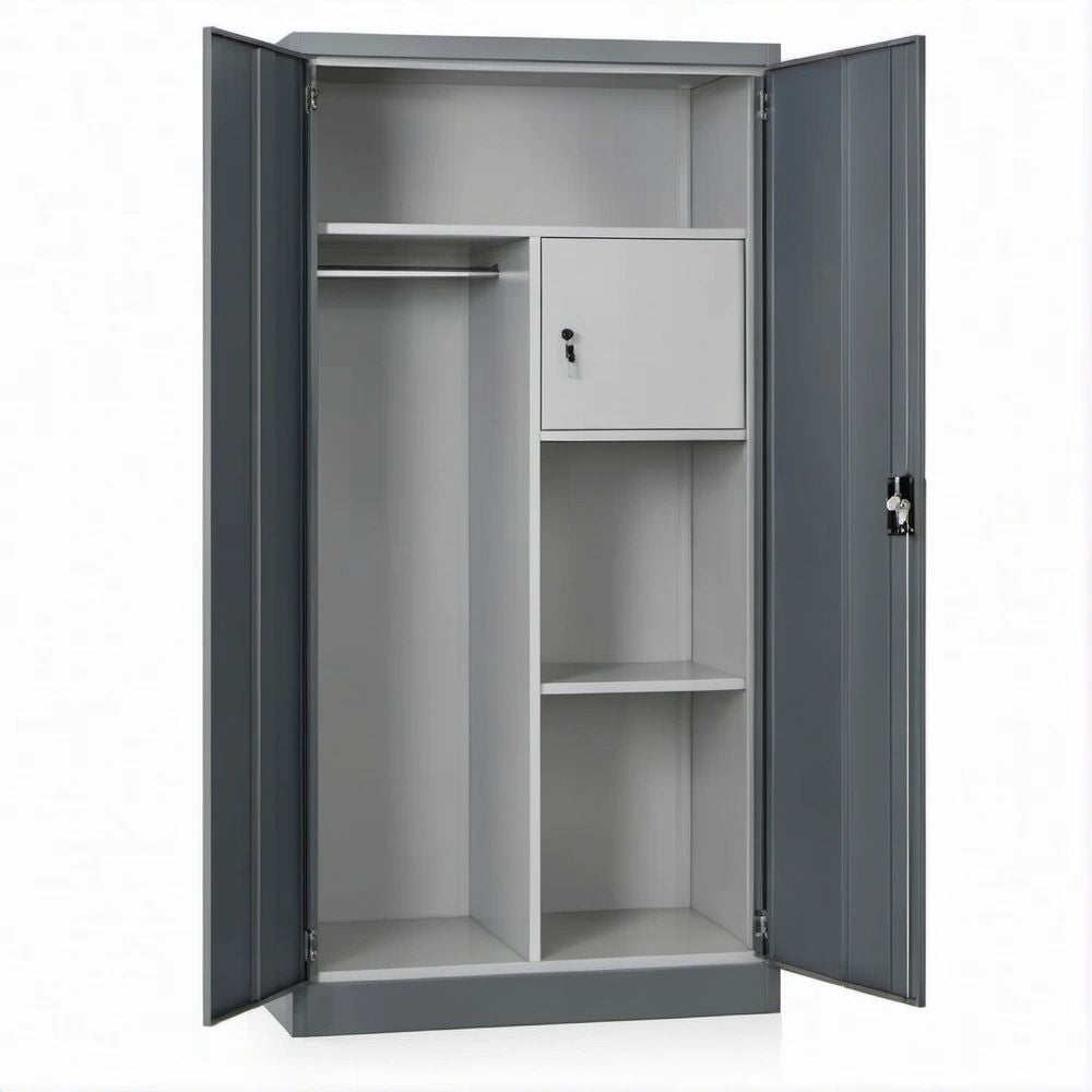 Metall-Kleiderschrank aus pulverbeschichtetem Stahl, Dunkelgrau/Hellgrau, 90 x 40 x 185 cm, mit Kleiderstange, Regalböden und Schloss