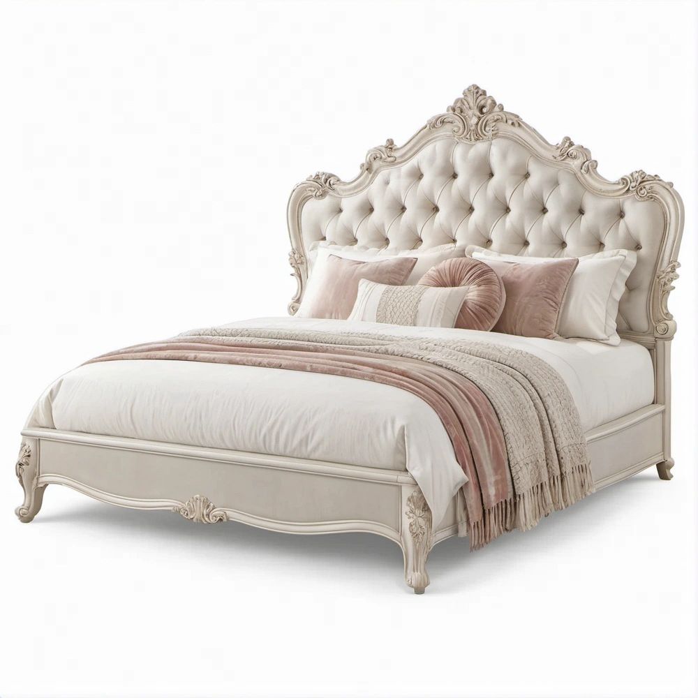 Barock-Doppelbett Elfenbein/Beige mit Samt-Kopfteil, Liegefläche 180 x 200 cm