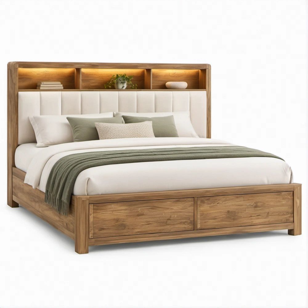 Stauraum-Doppelbett 180 x 200 cm mit gepolstertem Kopfteil, LED-Ablagen und 2 Schubladen – Walnussbraun/Cremeweiß