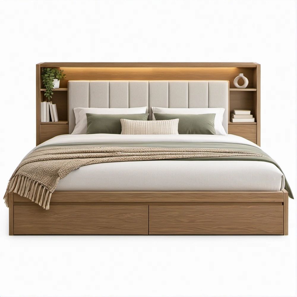 Doppelbett 180 x 200 cm mit gepolstertem Kopfteil, Regal, LED-Beleuchtung und 2 Schubladen, Naturbraun/Beige