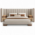 Gepolstertes Bett 180 x 200 cm mit hohem Kopfteil, Ablagen und LED-Beleuchtung, 320 x 220 x 145 cm, Beige/Walnussbraun
