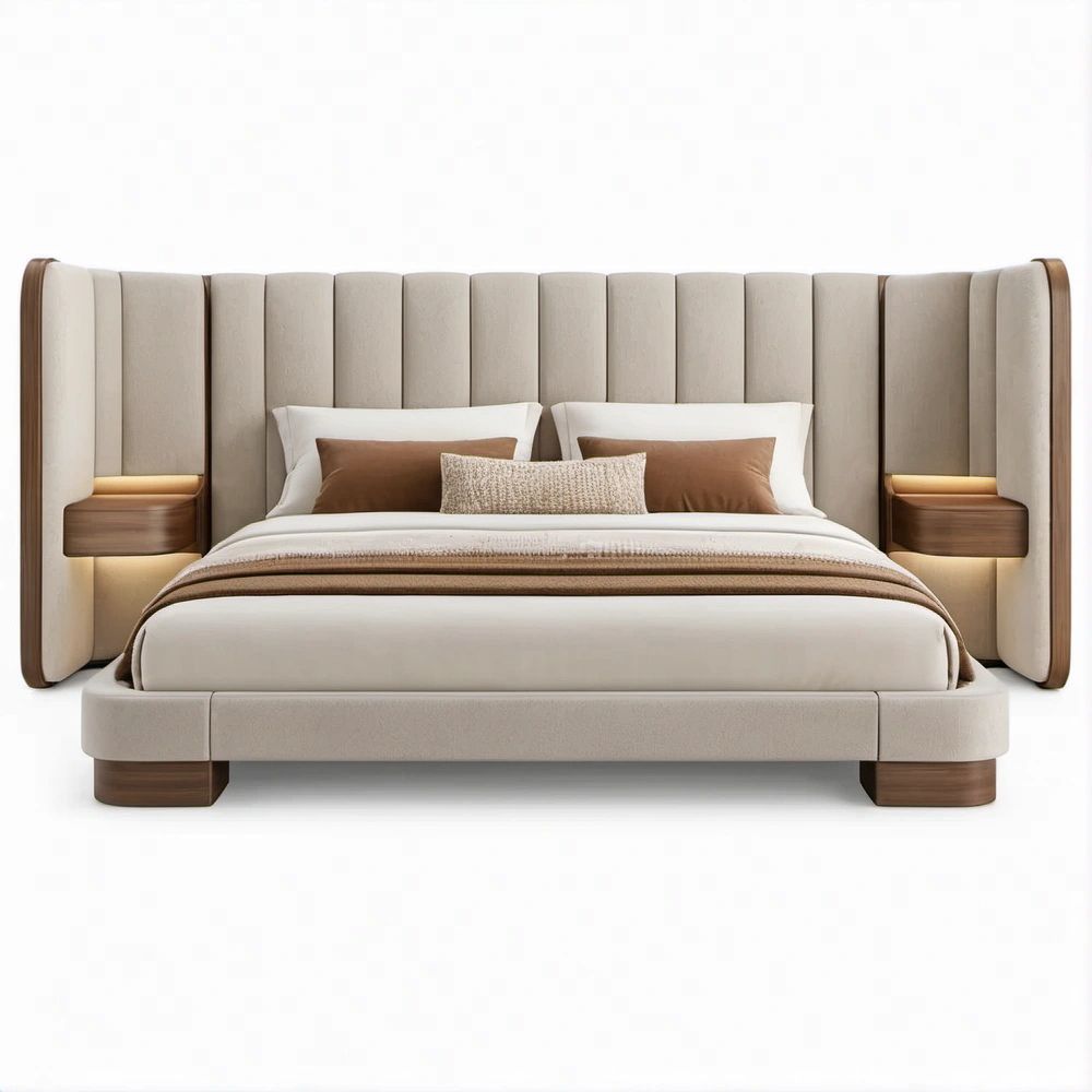 Gepolstertes Bett 180 x 200 cm mit hohem Kopfteil, Ablagen und LED-Beleuchtung, 320 x 220 x 145 cm, Beige/Walnussbraun