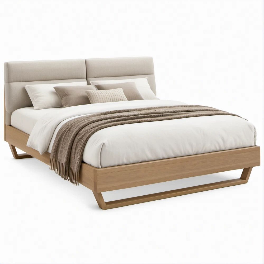 Doppelbett mit gepolstertem Kopfteil, Beige/Eichenholzoptik/Braun, Liegefläche 180 x 200 cm