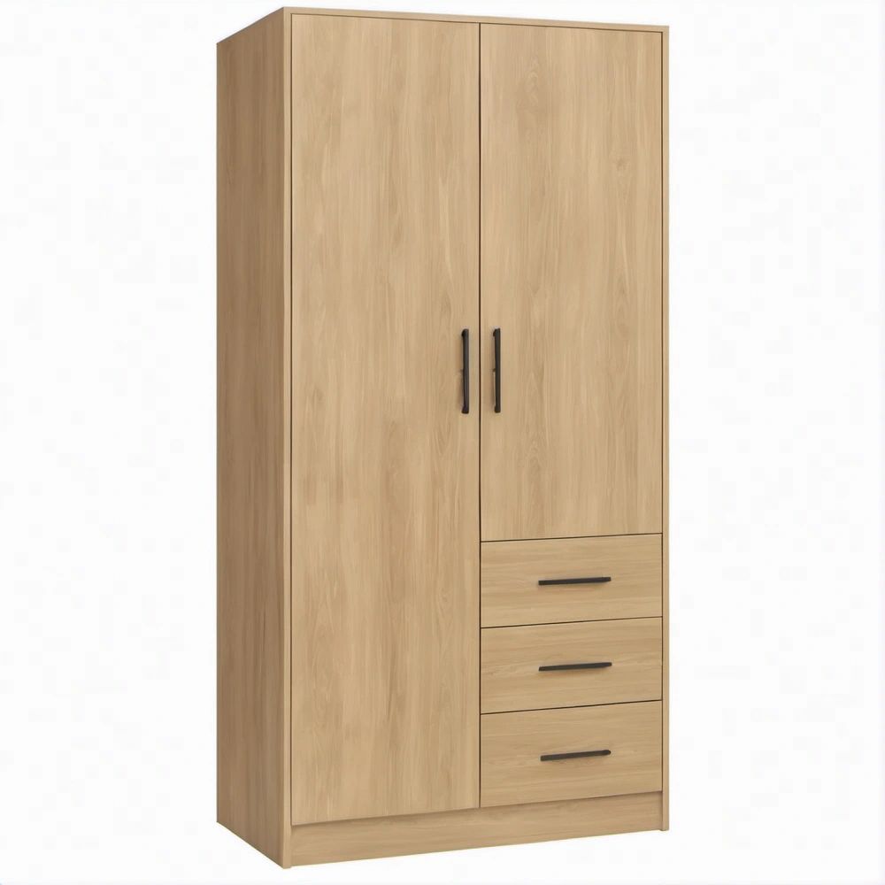 Kleiderschrank in Eichefarben mit schwarzen Griffen, 80 x 52 x 190 cm, 2 Türen und 3 Schubladen